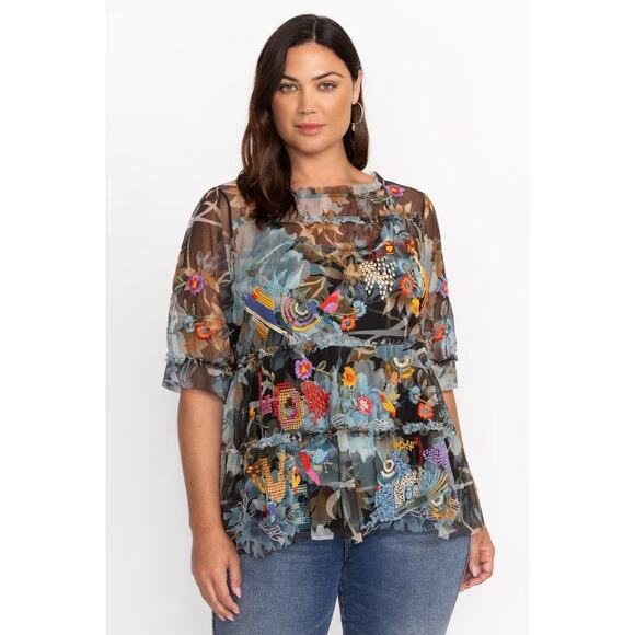 Johnny Was Tops - Johnny Was Biya Mazzy Floral Embroidered Tiered Ruffle Sleeve Blouse Lined XL
